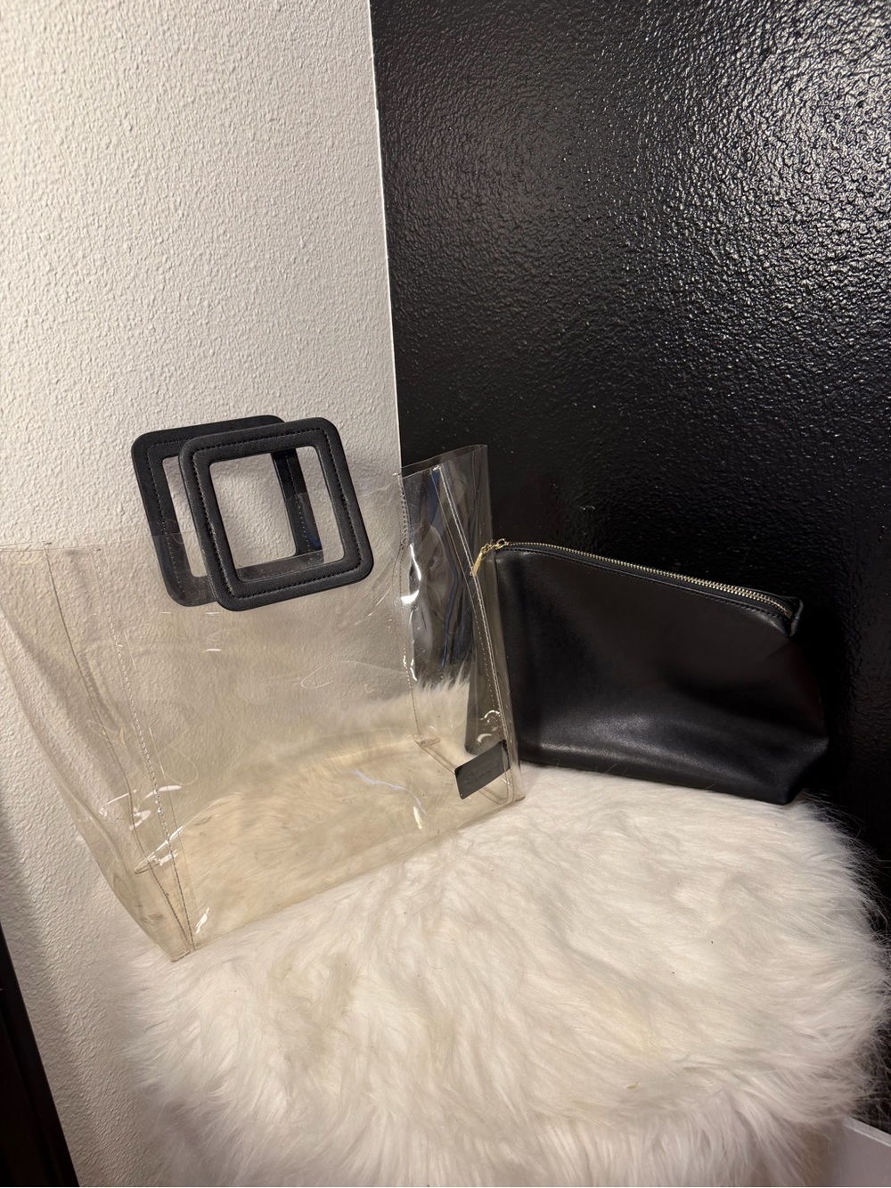 STAUD Clear Tote with Black Square Handles and Black Pouch